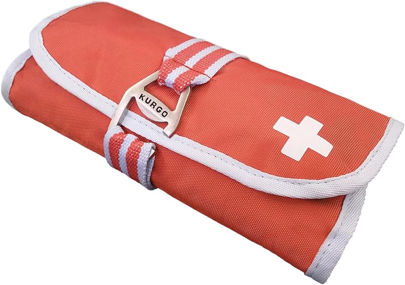 Kurgo Dog First Aid Kit, Paprika | 50-Piece Kit with First Aid Guide, Durable Oxford Fabric, 3 Mesh Compartments, Zip Pocket, Integrated Hook/Opener