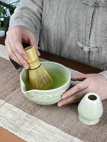 Miniatura 4 de Artcome Juego de té Matcha con boquilla de vertido, cuenco de cerámica verde, batidor de bambú, soporte para batidor, cuchara de té y manual de té