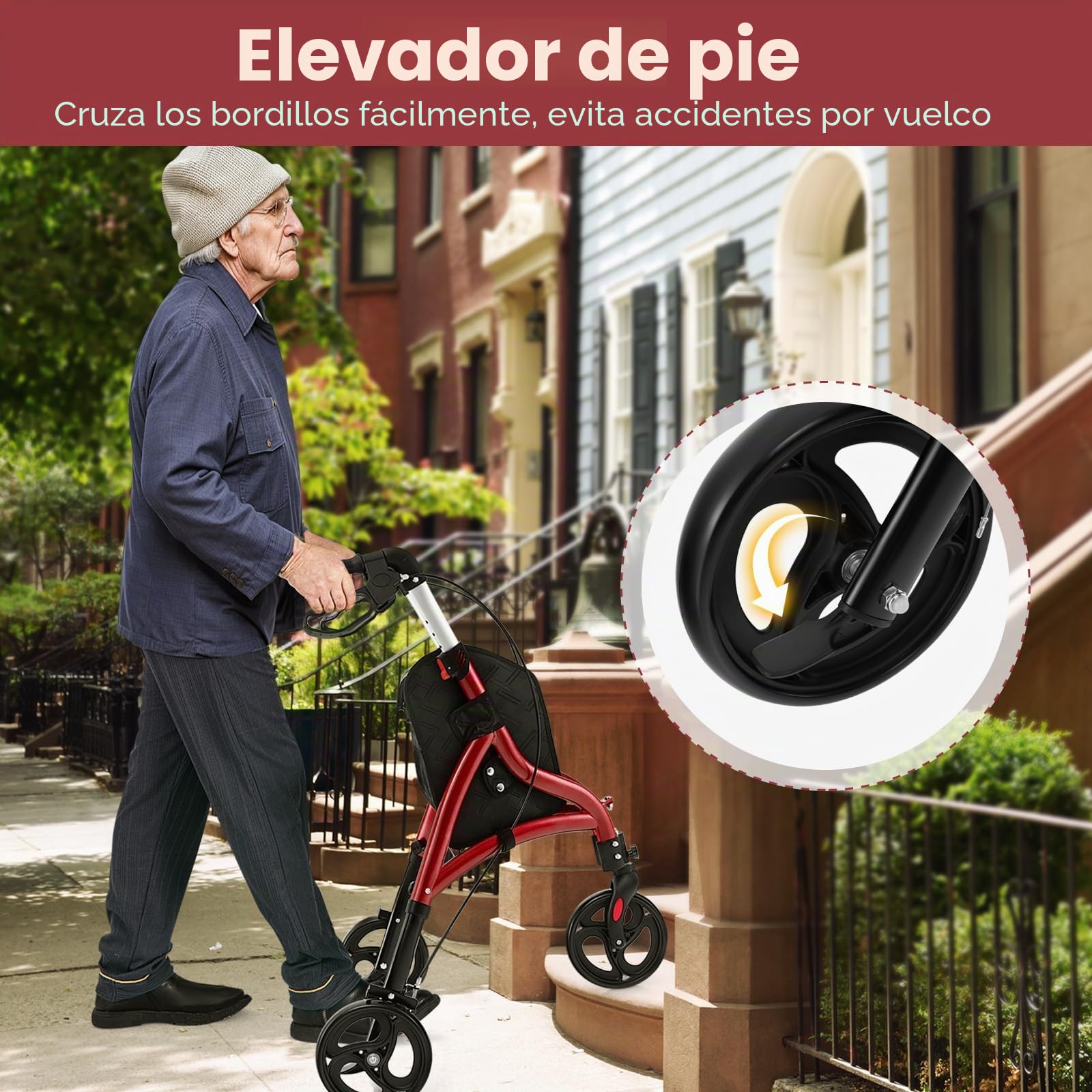 HOMASIS Andador Plegable Ligero de 3 Ruedas, Altura Ajustable, Andador de Aluminio con Bolsa de Almacenamiento para Ancianos, para Todo Tipo de Terreno (Rojo)