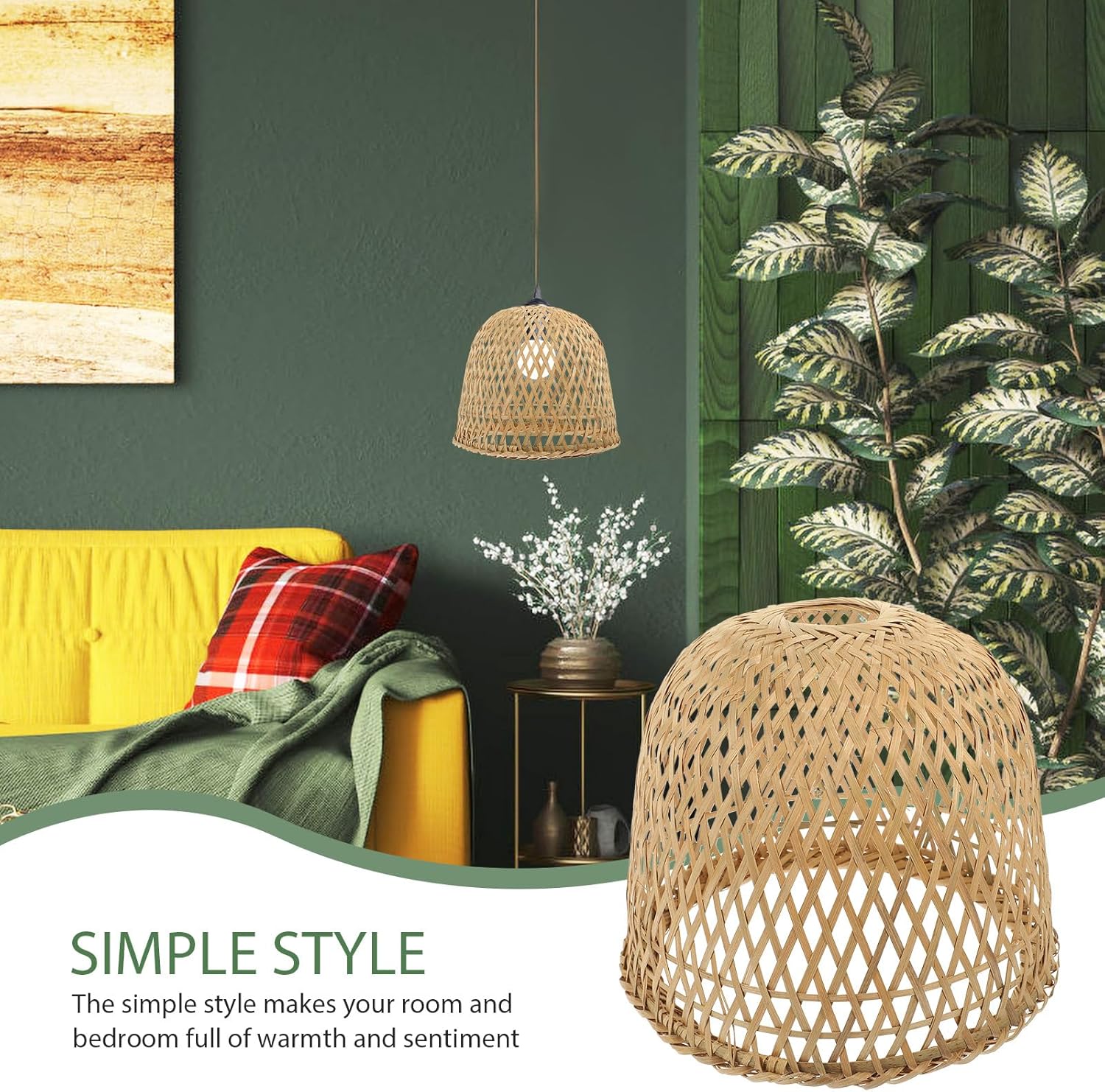 Angoily Bamboo Pendant Lamp Shade, Wicker Light Shades, Rattan Woven Pendant Light, Vintage Lampshade, Retro Hanging Lampshade for Home Living Room Bedroom Farmhouse (8.26 X 7.48 Inch)