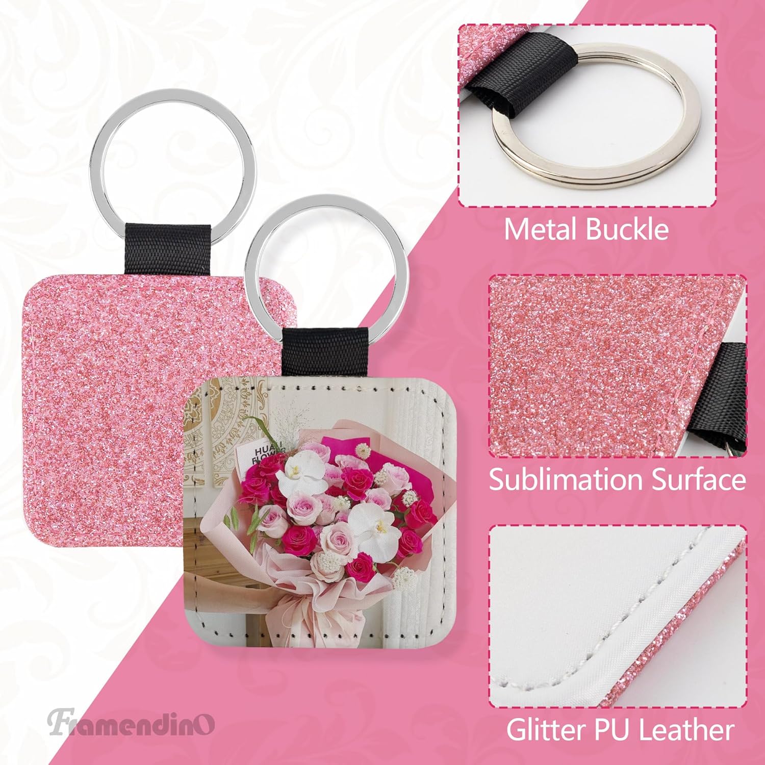 Framendino, 16 Pack Sublimation Blank Keychain Glitter PU Leather Square Rectangle Heat Transfer Key Chain for DIY Craft Making 6 Colors - Image 3