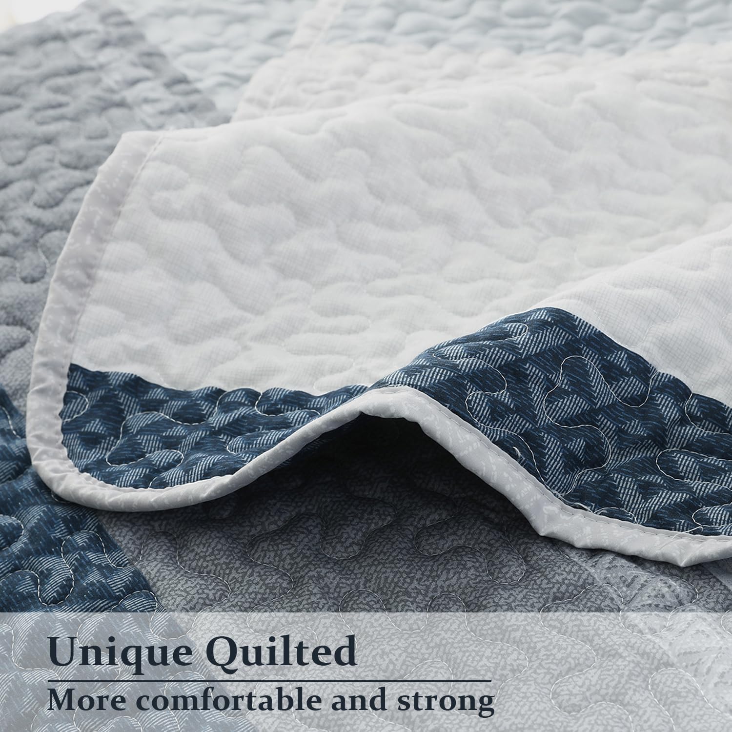 DURLENGEN Quilt Set Queen Size 3Pcs,Soft Microfiber Lightweight Bedspread,Blue & Navy Striped Geometric Pattern Coverlet for All Season Layering(Queen 90x96, Blue Patchwork) - Image 3