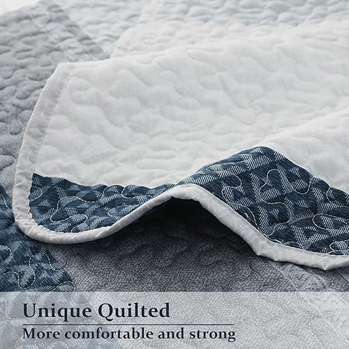 Miniatura 4 de DURLENGEN Juego de edredón de 2 piezas, tamaño individual, patrón de retazos a rayas azules y azul marino, juego de colcha ligera para todas las