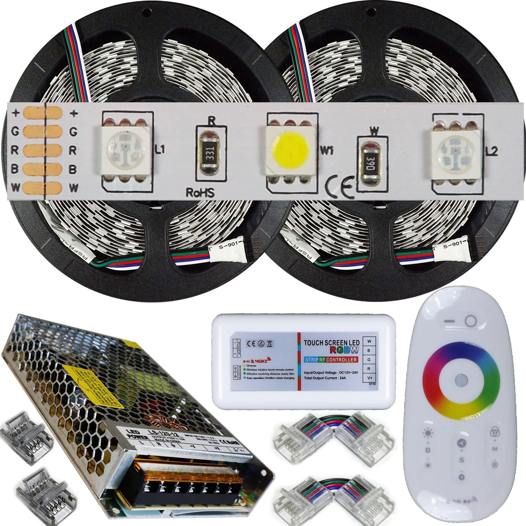 Kit da 10 metri (2 Bobine+1 trasformatore da 120w +1Controller) RGB + Bianco Freddo, 600Led (Totali), 120Watt (Totali), 10.000 Lumen(Totali) 12V RGBW. Striscia Led Strip ip20