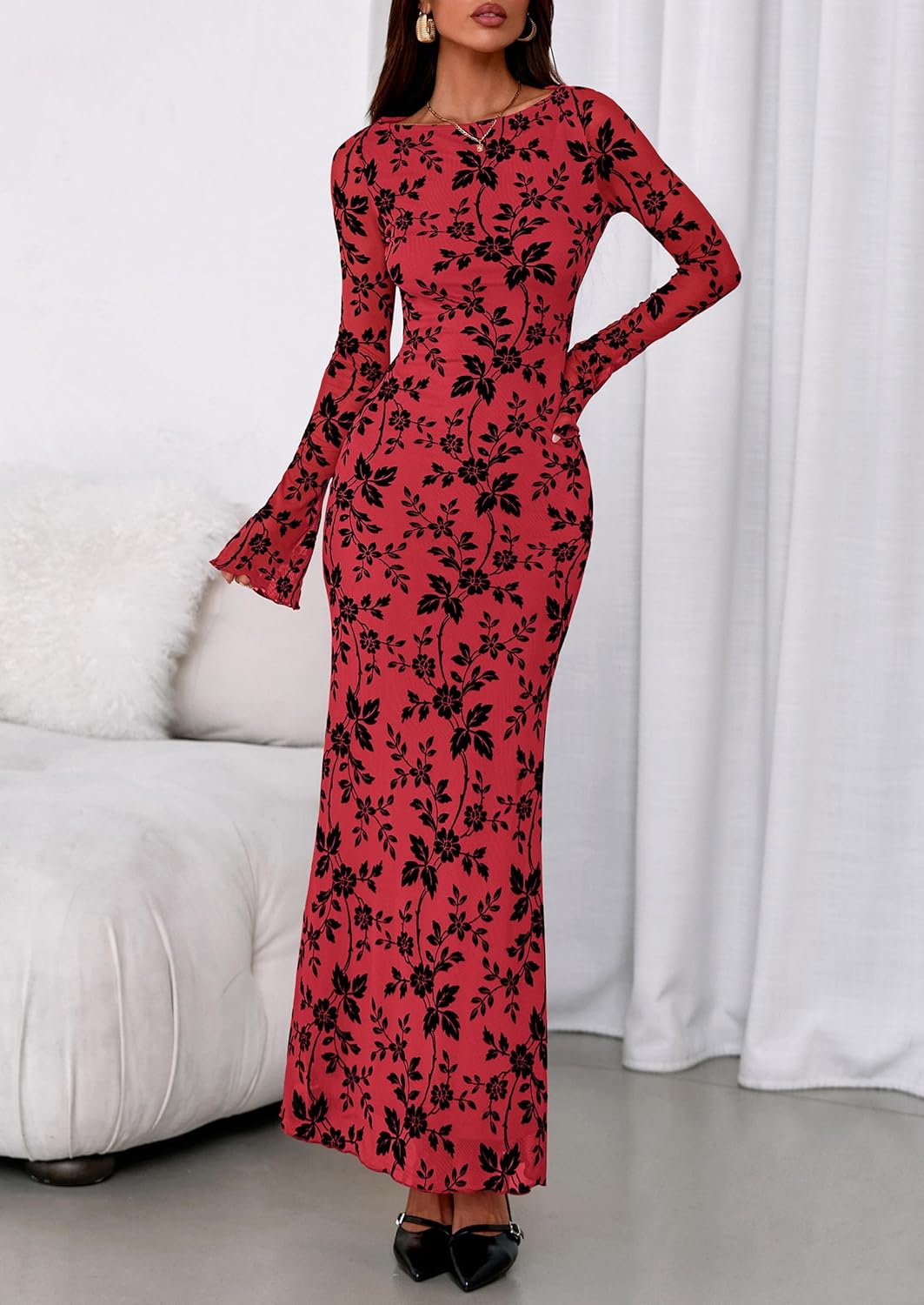 PRETTYGARDEN Women's Floral Bodycon Maxi Dress 2026 Spring Elegant Mesh Long Sleeve Formal Wedding Guest Cocktail Dresses - Image 2