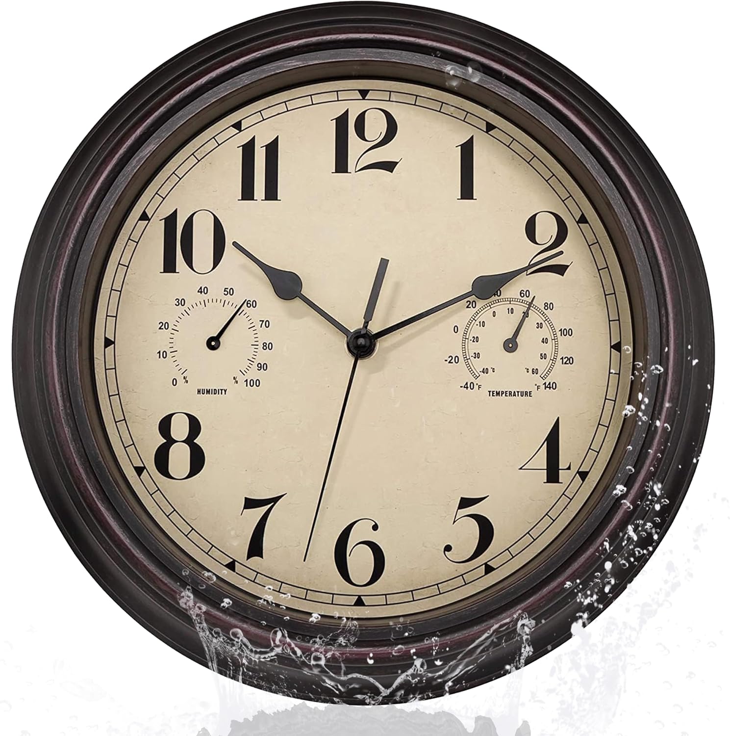 Foxtop Indoor Outdoor Weatherproof Wall Clock with Temperature Display and Hygrometer No Ticking Noise Silent Retro Clock for Patio Bathroom Kitchen Living Room Home Decor Bronze 30 cm