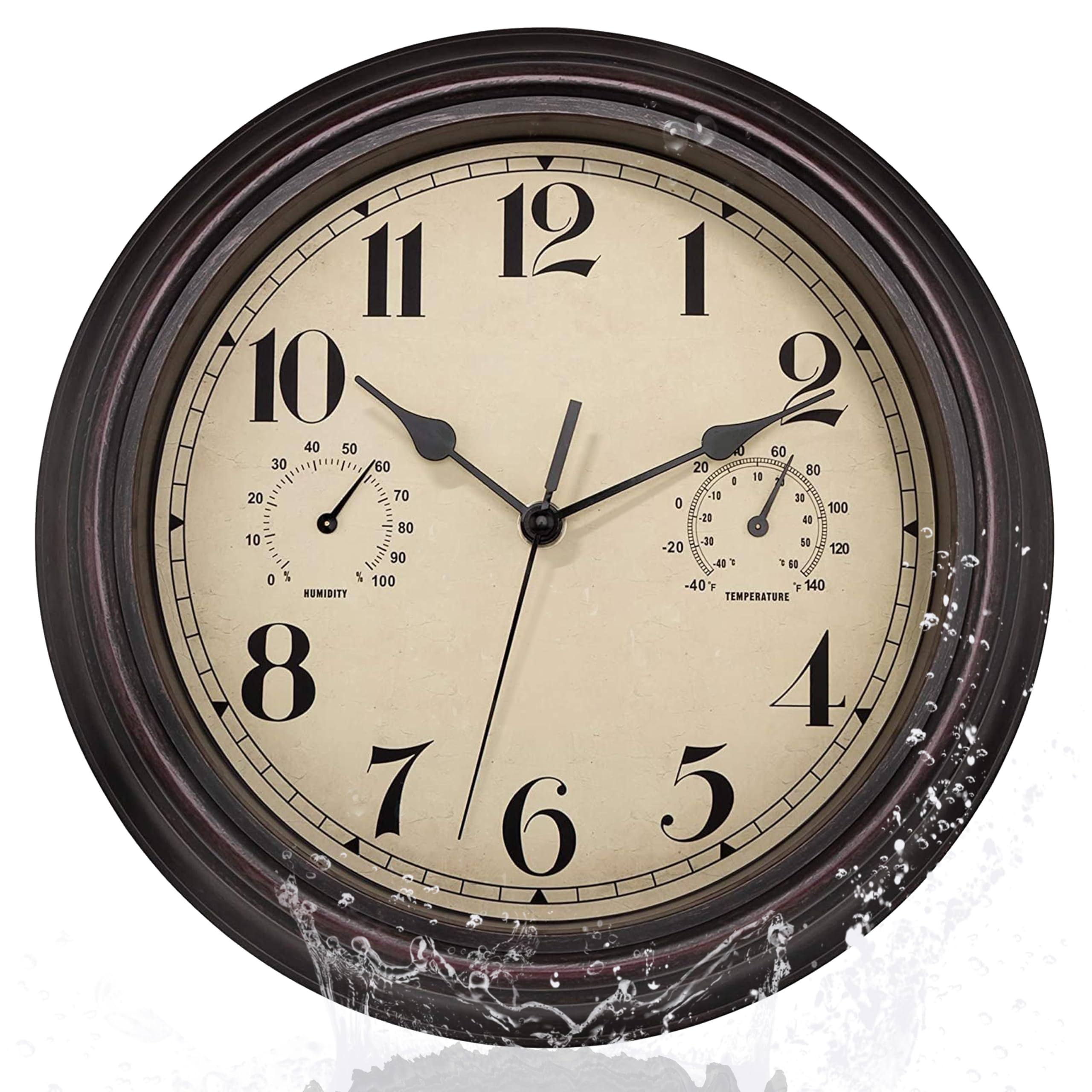 Foxtop Orologio da Parete Esterno 12 Pollici (30 cm) Vintage Impermeabile con Termometro e Igrometro - Silenzioso per Interni, Esterni, Giardino, Veranda, Cucina, Piscina