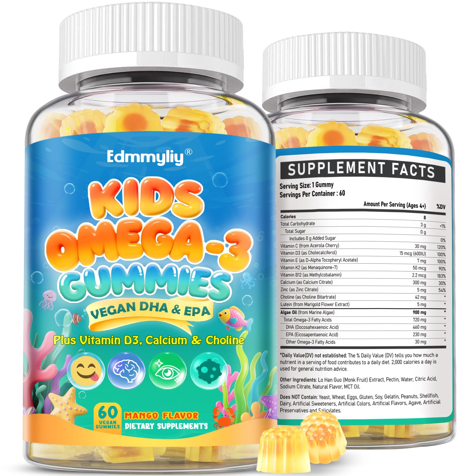 Edmmyliy Suplemento de Ômega-3 em Gomas de Algas com DHA 460 mg e EPA 230 mg, 120 gomas