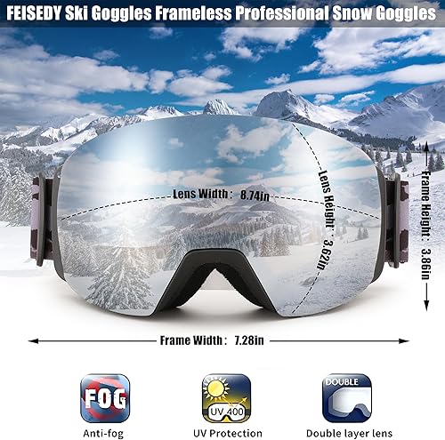 Miniatura 8 de FEISEDY Gafas de esquí magnéticas para hombres, mujeres, jóvenes, sin marco, gafas de nieve 100% protección UV, gafas de snowboard B0020
