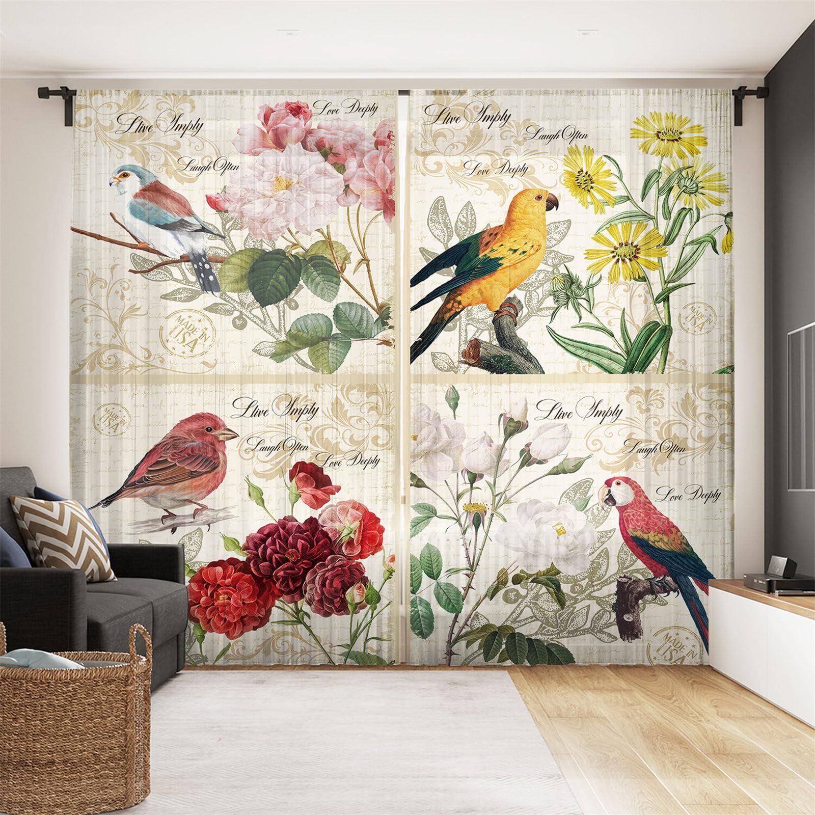 Surwin Net Curtains for Windows, Voile Curtain, 2 Panels Chinese Style with Eyelets, Semi Transparent Lightweight Voile Panel for Living Room Bedroom Balcony Decorative (Bird,W107xH160cm) — image 1
