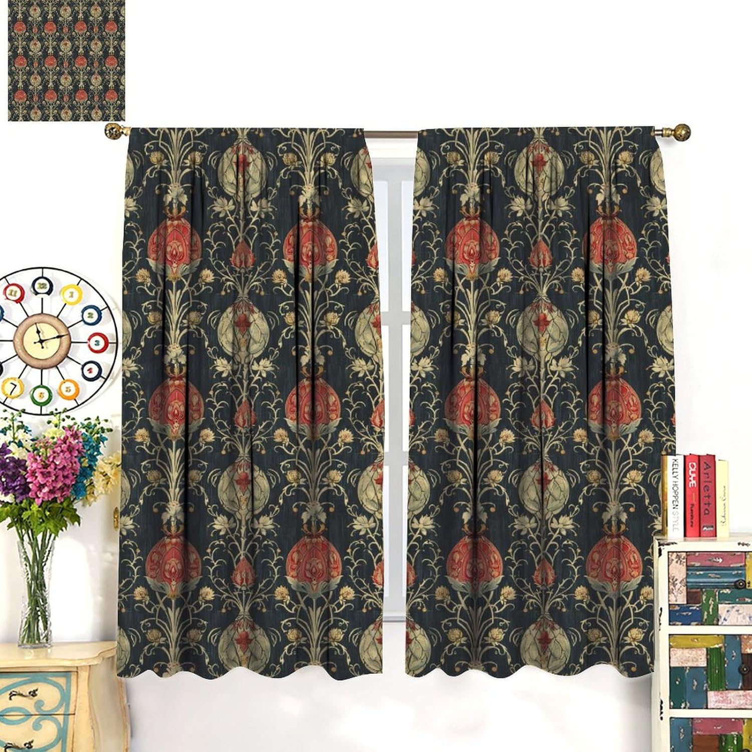 Bohemian Floral Green Blackout Curtain, Vintage Vine Illustrated Art Home Decor Curtain, William Morris Style Theme Curtain, Women's Room Living Room Blackout Curtain 2 Pieces 42x45in