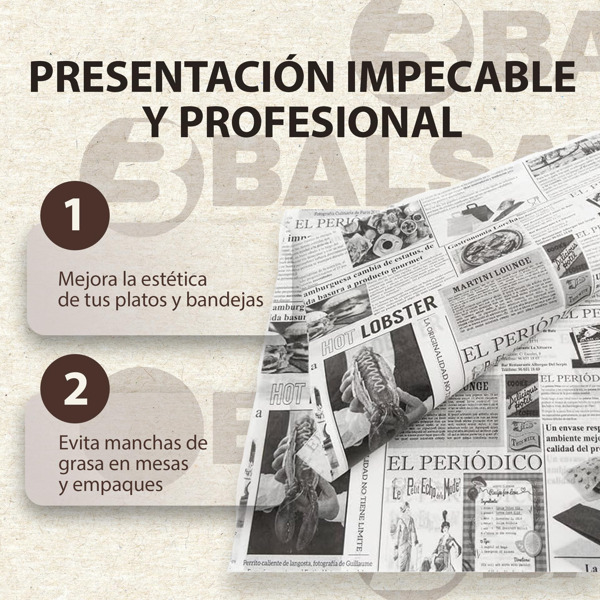 BALSAT Papel Antigrasa para Alimentos 28x31cm | Estampado de Periódico | Ideal Para Hamburguesa o Papel para Queso y Fritos | Caja de 1000 Hojas Alimentarias Multiusos y Ultra Resistentes