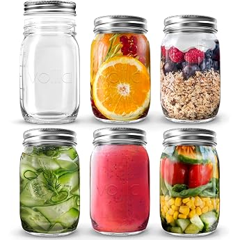 volila Pack of 6 Preserving Jars with Screw Lid 490 ml Mason Jar with Lid for Preserving Jars Overnight Oats, Meal Prep, Stor