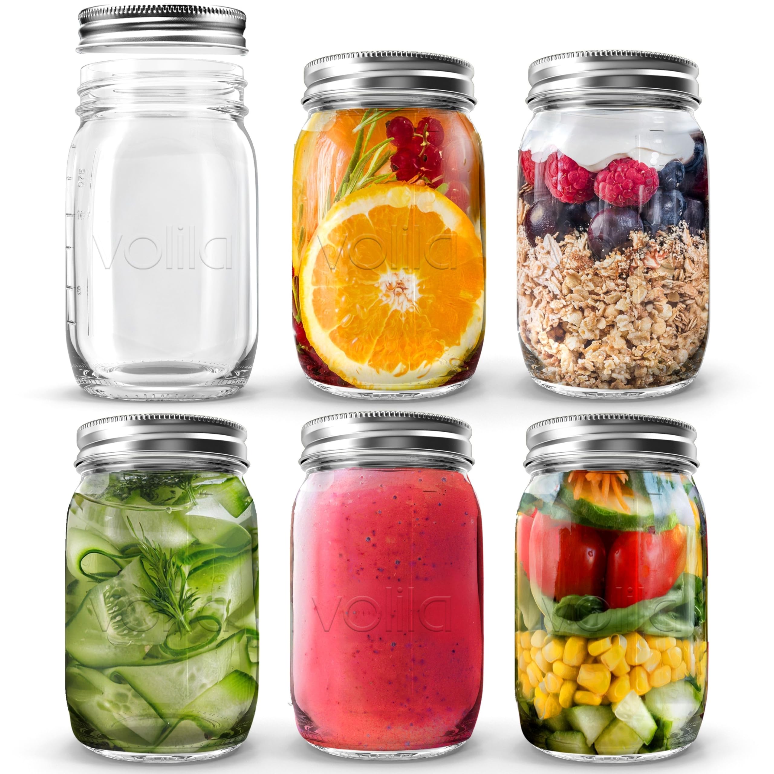 volila Glass Jars with Lids, 6 Pack 490ml/ 16 oz Airtight Mason Jars with Lids, Multipurpose Storage Jars for Overnight Oats, Pickling, Preserving & Meal Prep Jar