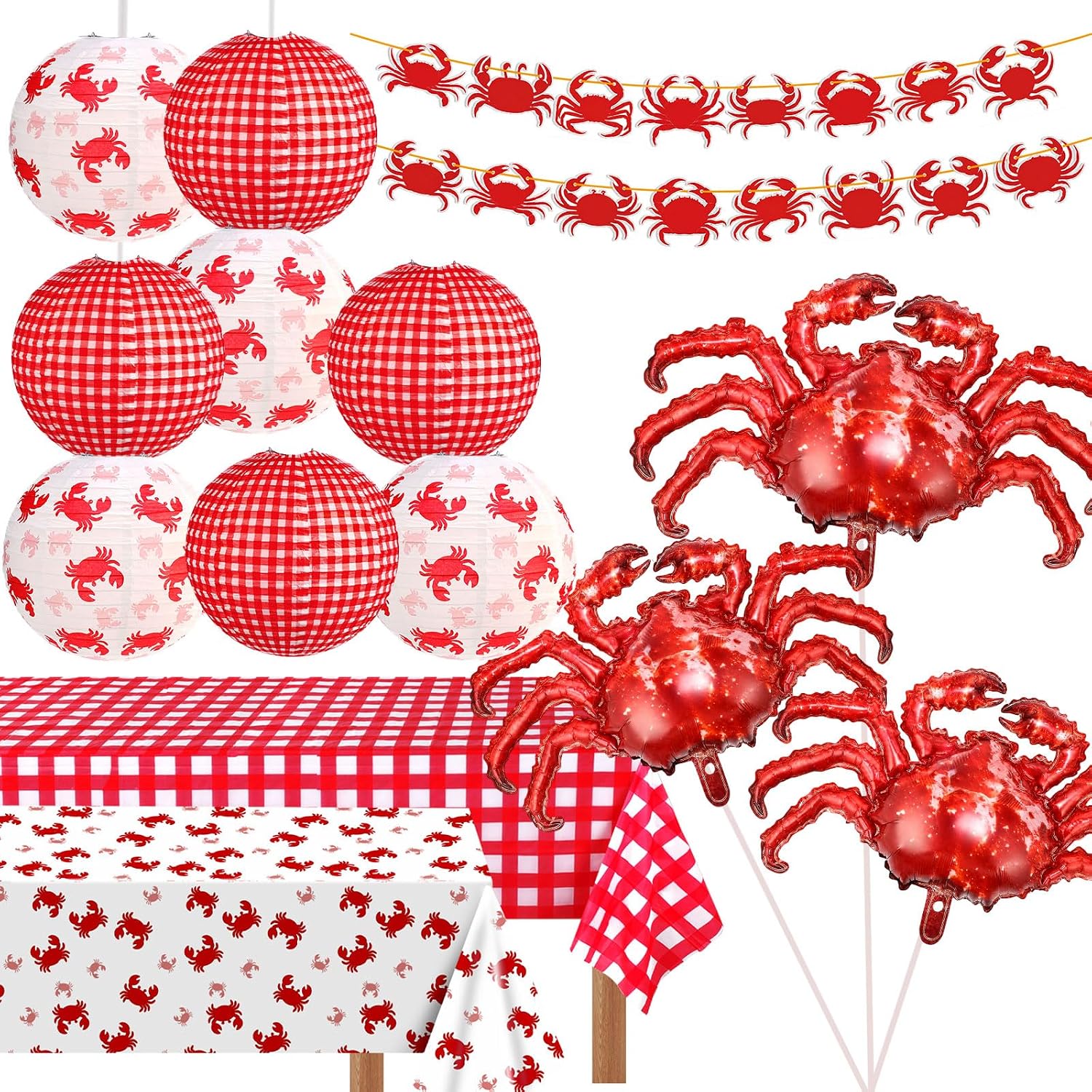 Tegeme 17 Pcs Crab Boil Party Supplies 2 Styles Seafood Boil Birthday Decorations Set Crab Banner Red Checkered Tablecloth Paper Lanterns and Balloons for Picnic Party Decor