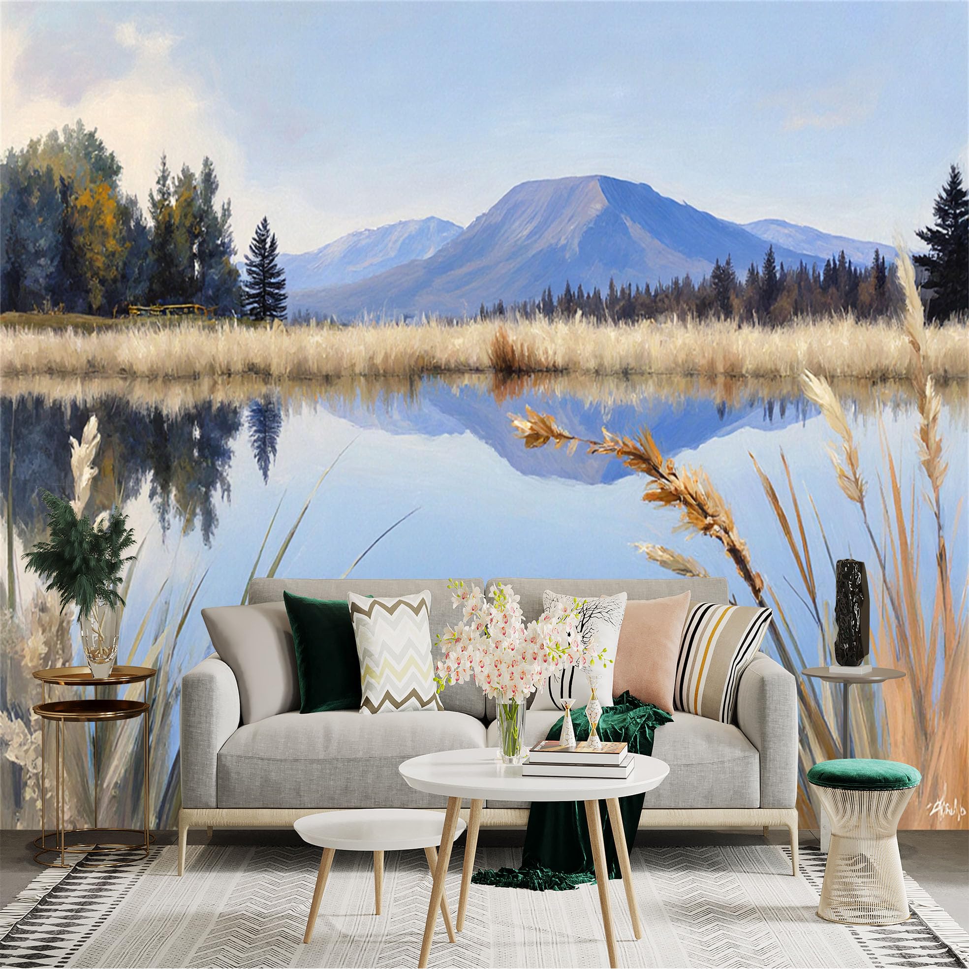 Custom Size Wall Sticker Mural， Serene Lake Landscape， Majestic Mountain Reflection， Golden Reeds by Water， Calm Nature Scenery， for wall Decoration， peelandstick wall Decals.