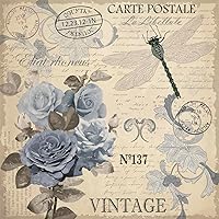 Vista 1 de Rose Paper Napkins CART POSTAL ROSES 40pcs Cocktail Rose Napkins for Decoupage, Vintage Blue Roses on Fleur de lis Tissue Paper, Vintage Paper