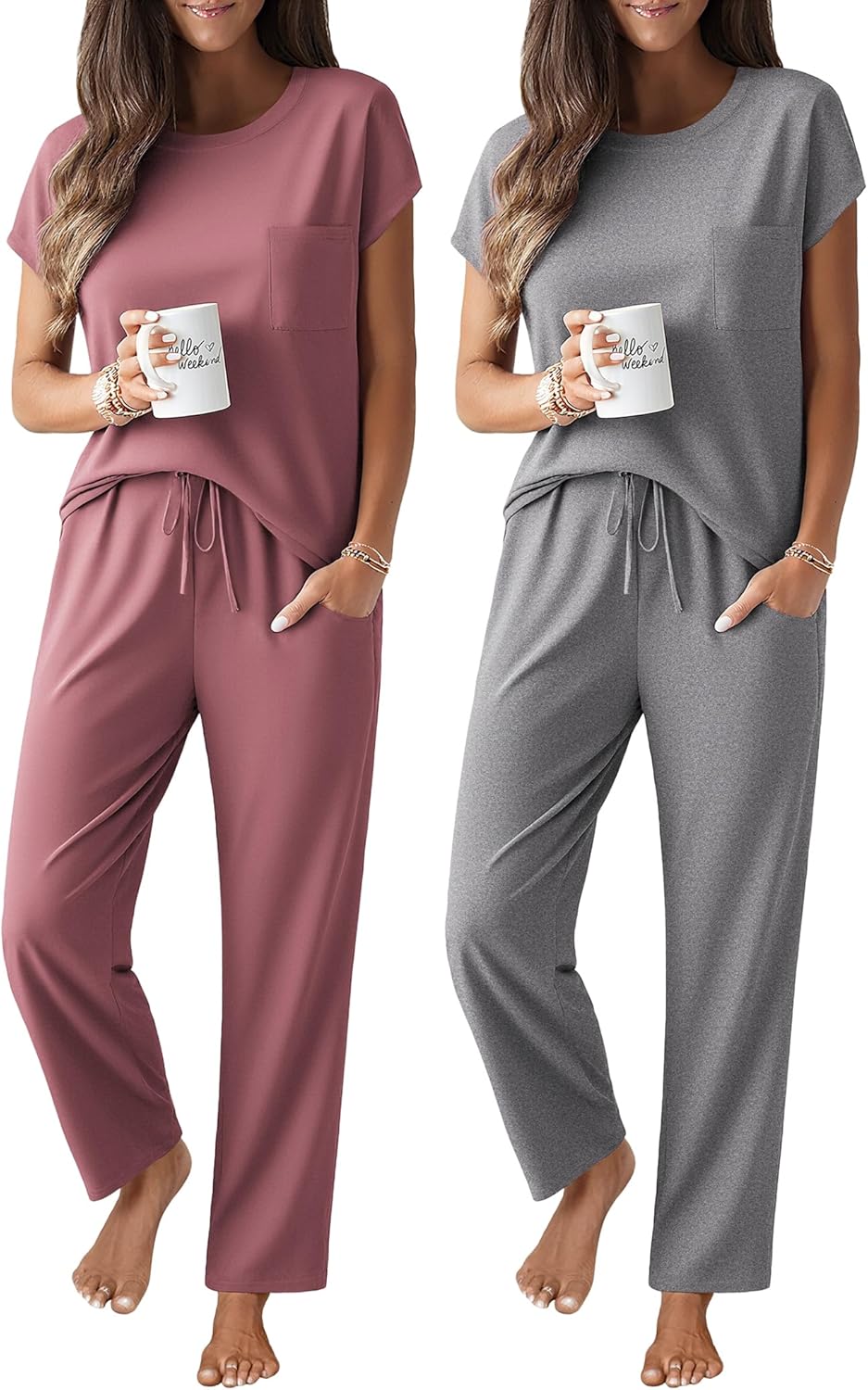 Ekouaer 2 Packs Pajamas for Women Set Cap Sleeve Top and Pants Soft Sleepwear Comfy Pjs Set with Pockets Lounge Set