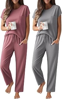 Ekouaer Women's 2 Pack Pajama Sets - Soft Cap Sleeve PJs with Pockets, Breathable Lounge Sleepwear Pants S-XXL