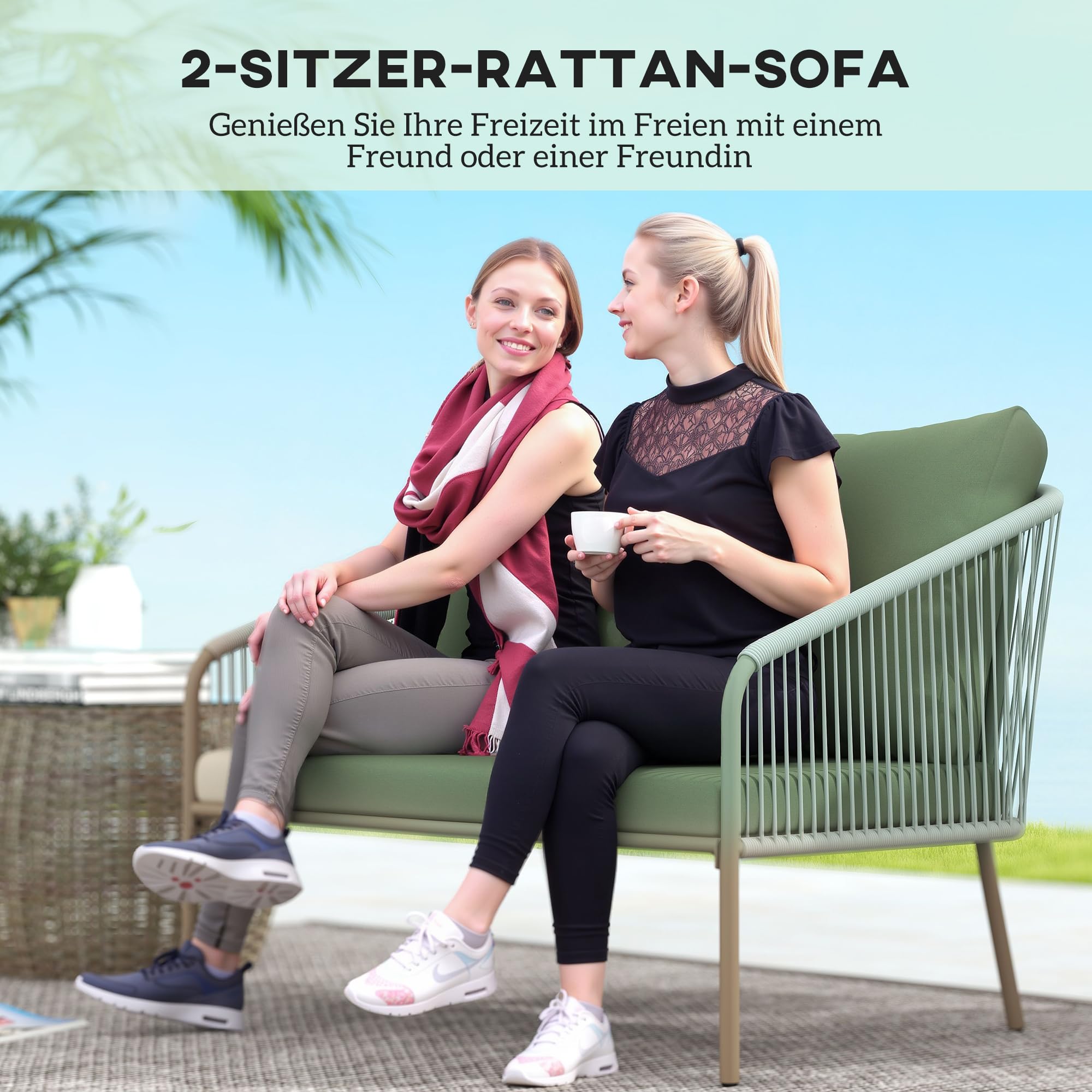Outsunny Gartensofa 2-Sitzer Rattansofa mit Kissen Loungesofa Sitzgruppe, Wetterfest Couch für Garten Terrasse Balkon, Poly Rattan Grün