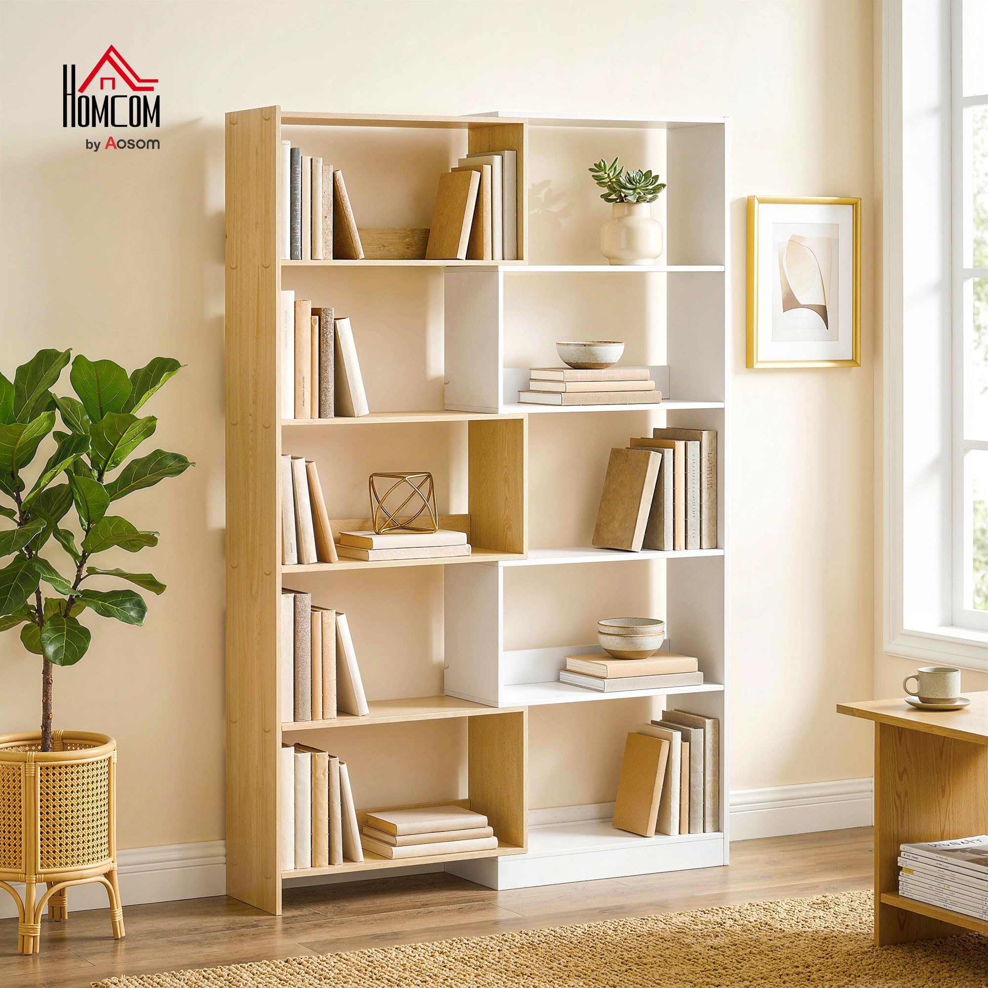HOMCOM Bibliothèque d'angle rotative 350° à 5 Niveaux, étagère de Rangement Extensible en Forme L, 60-111x24x164cm, Style Moderne, Meuble de Rangement pour Salon, Bureau, Petit Espace, chêne et Blanc