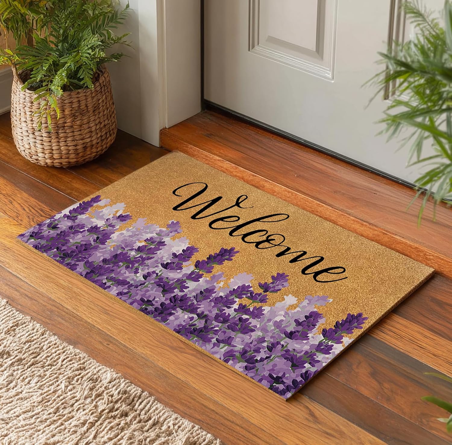 Lavender Door Mat – 30×17″ Faux Coir Non-Slip Welcome Mat for Indoor/Outdoor Entry, Durable Dirt-Trapping Spring Door Mat, Perfect Front Porch Rug for Housewarming, Holiday & Pet-Friendly Gift