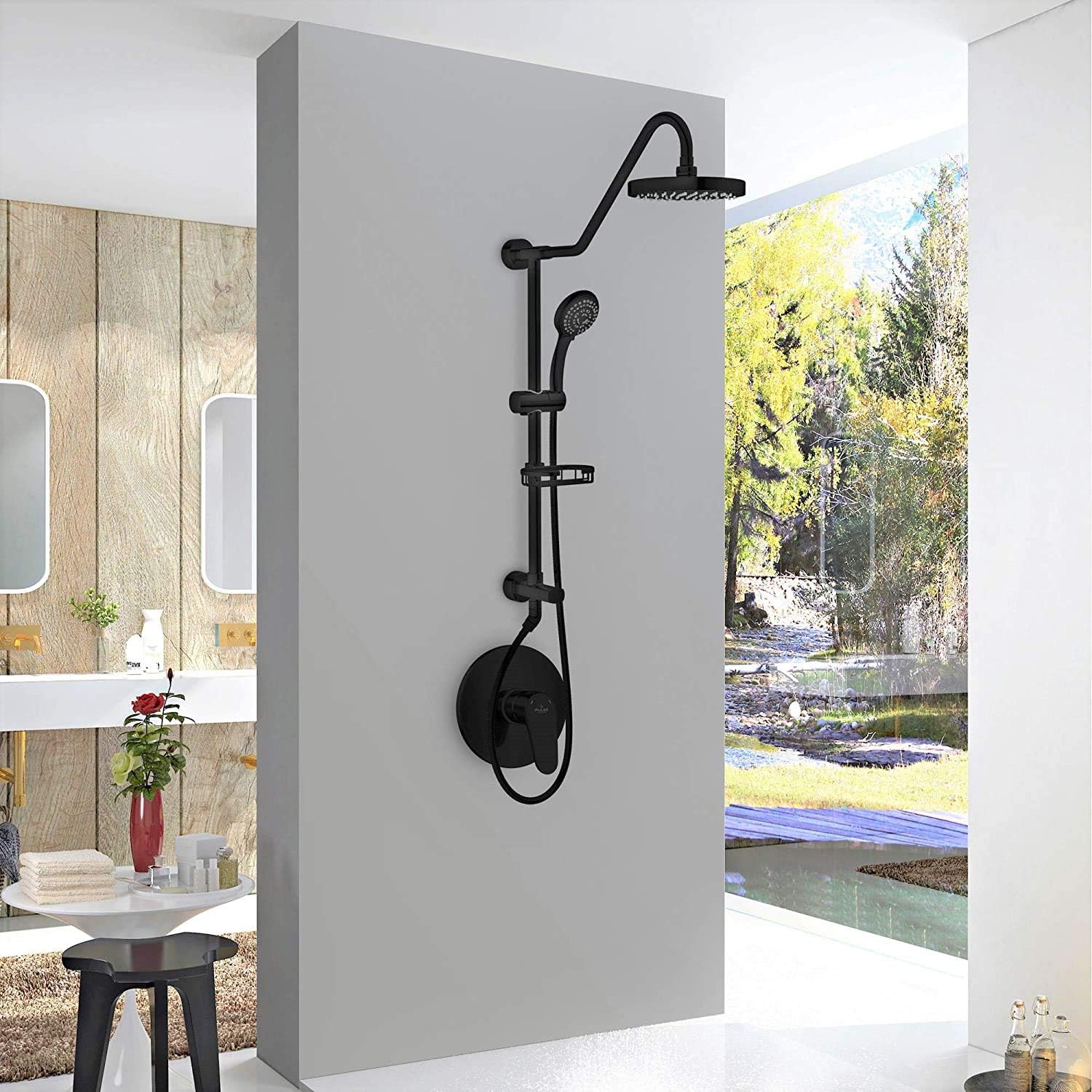 PULSE ShowerSpas Kauai III Matte Black Rain Shower Head with Handheld Spray - 1.8 GPM, 8" Showerhead, 5-Function HandShower, Adjustable Slide Bar - Shower Heads with Handheld Spray Combo