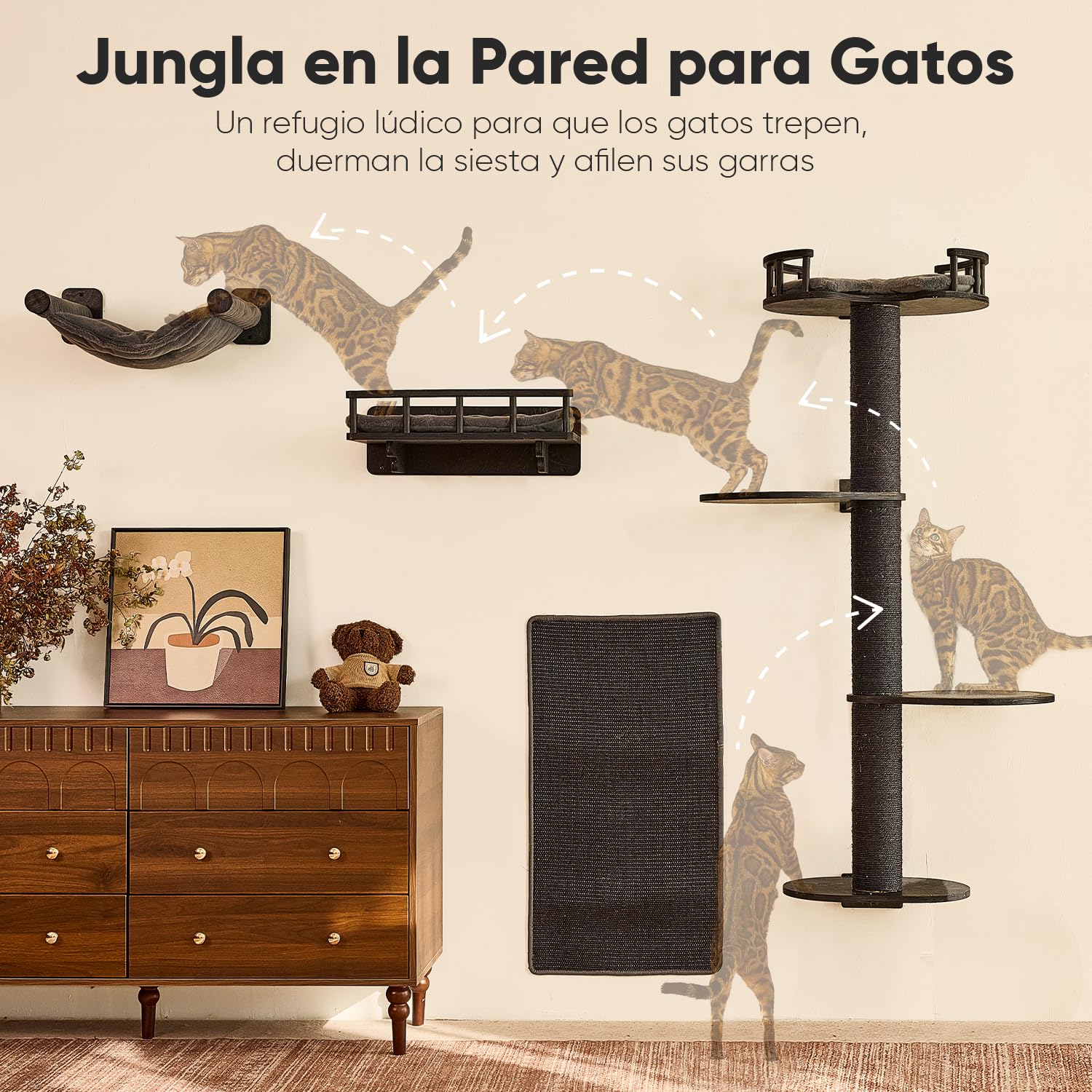 FUKUMARU Set de Pared de Escalada para Gatos, 4 en 1 Mueble de Pared Estable de Madera Multicapa con Hamaca, estantes, Poste rascador y Alfombra de sisal – Kletterwand Ahorra Espacio (Negro)