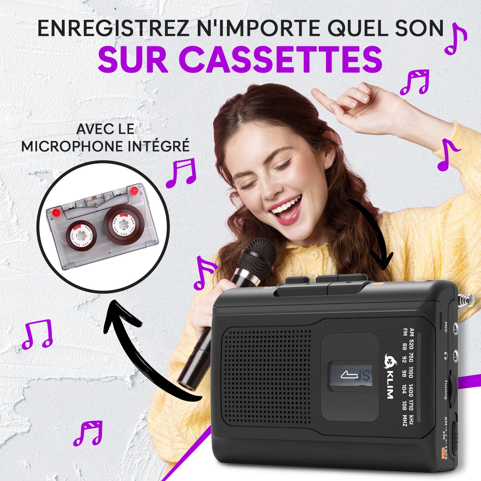 KLIM K8 Lecteur Cassette Audio avec Un Casque Fusion - Enregistreur Cassette - Nouveau Player - Radio AM/FM - Microphone et Haut-Parleur Intégrés - Prise Casque et Écouteurs - Noir