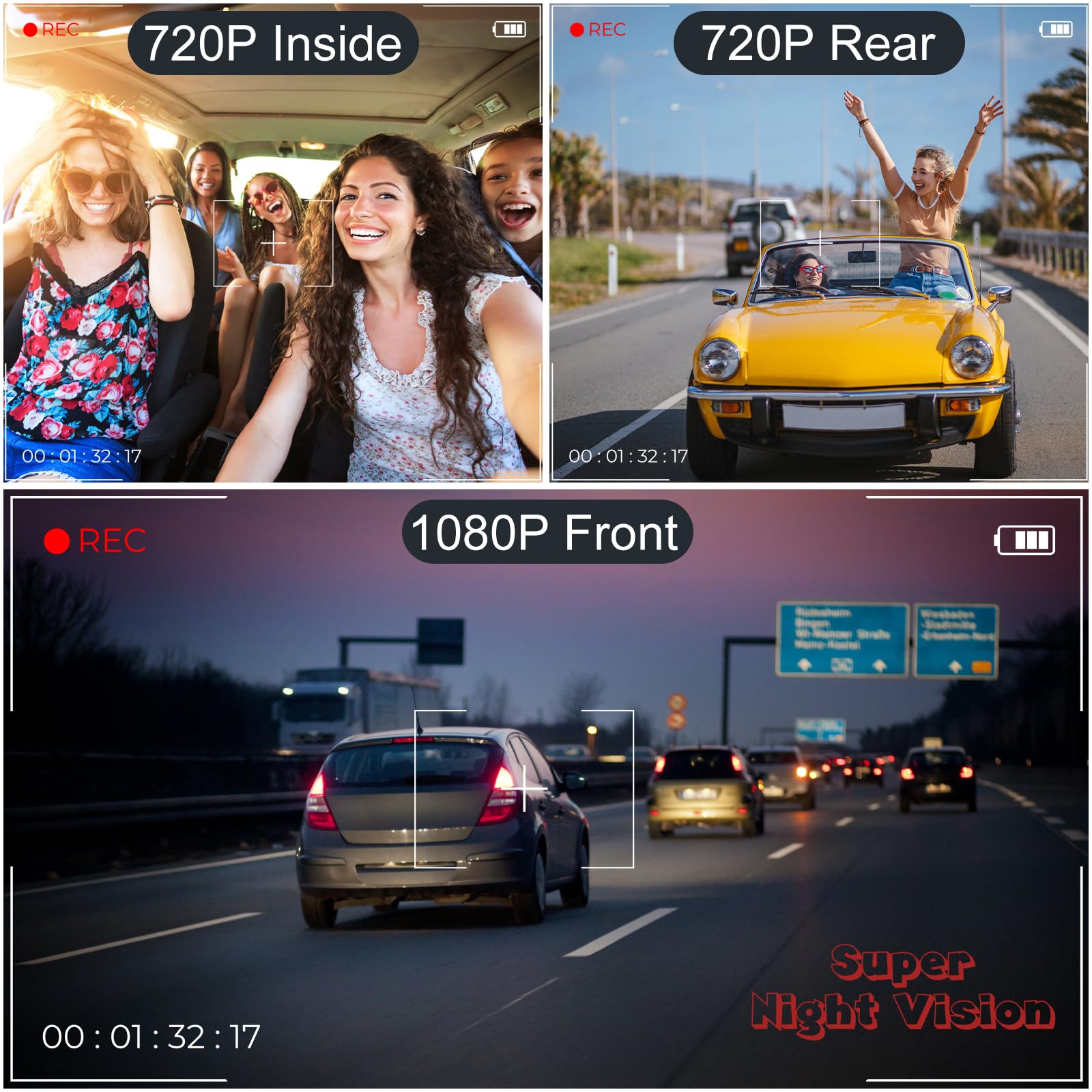 Dashcam 3 Caméras - Avant, Intérieur Et Arrière - FHD 1080p - Ecran IPS 2" - 32 Go Incluse
