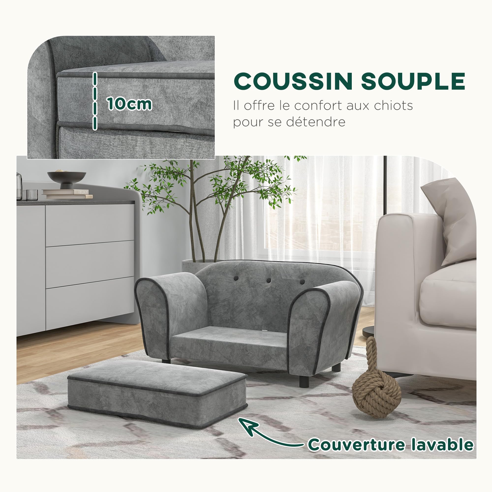 PawHut Canapé pour Chien, canapé pour Chat, Dossier capitonné au Toucher Velours néerlandais, Housse de Coussin Lavable, canapé pour Animaux domestiques, 74 x 41 x 32,5 cm, Gris
