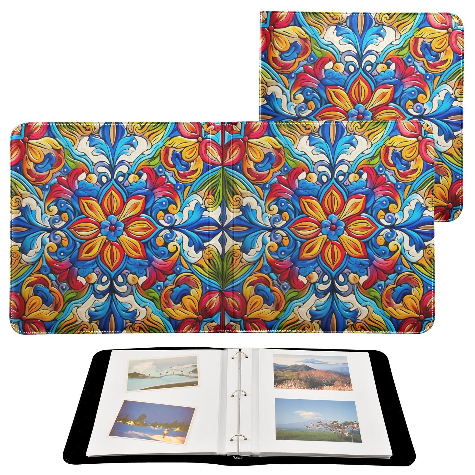 FLildon Photo Album Self Adhesive DIY Scrapbook Album Mexican Tile Flowers 3 Ring Binders Photo Book 40 Pages 8x10 for Memory