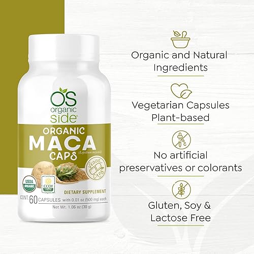 Miniatura 5 de Organic Side | Cápsulas de maca | Certificado USDA orgánico, sin OMG, vegano | 60 cápsulas de energía | Equilibrio hormonal y vitalidad | Suplemento