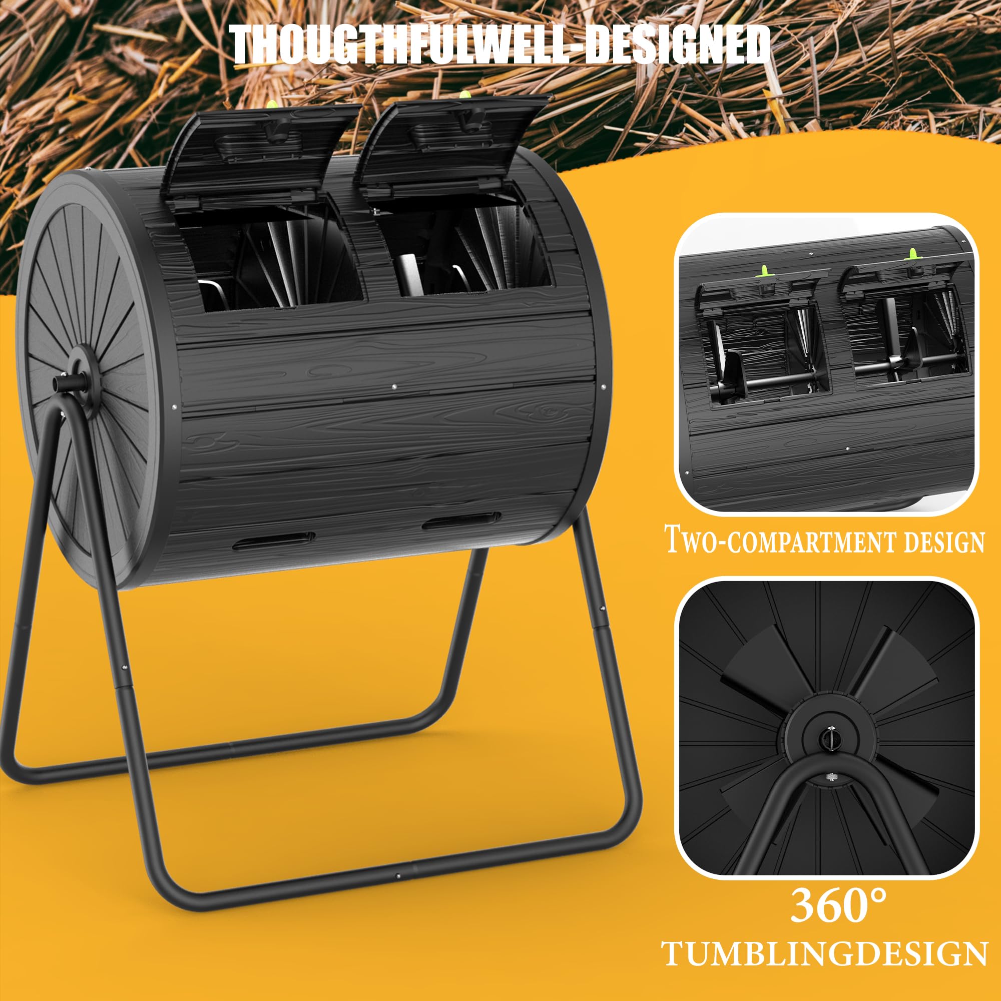EasyUp Compostador de doble cámara, 43 galones, negro, diseño giratorio con puertas renovadas y marco de acero (negro)