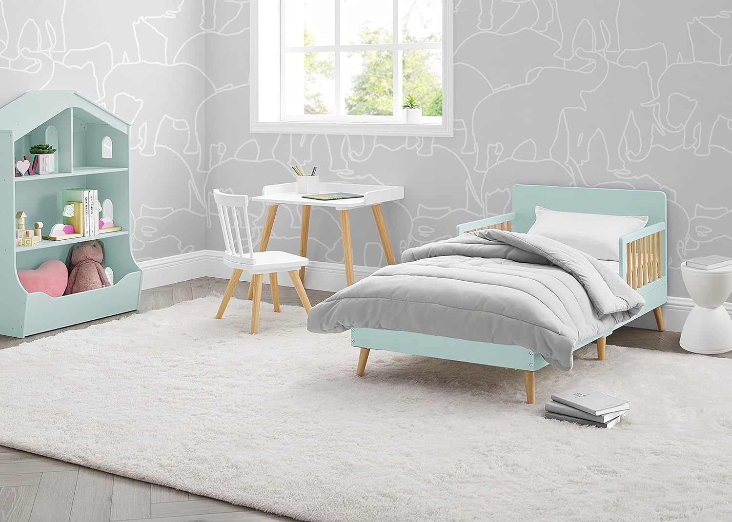 Delta Children Logan Wood Toddler Bed + Simmons Kids SlumberTime Naturally 2-Stage Premium Foam Crib and Toddler Mattress - Waterproof - GREENGUARD Certified [Bundle], Mint/Natural : Baby