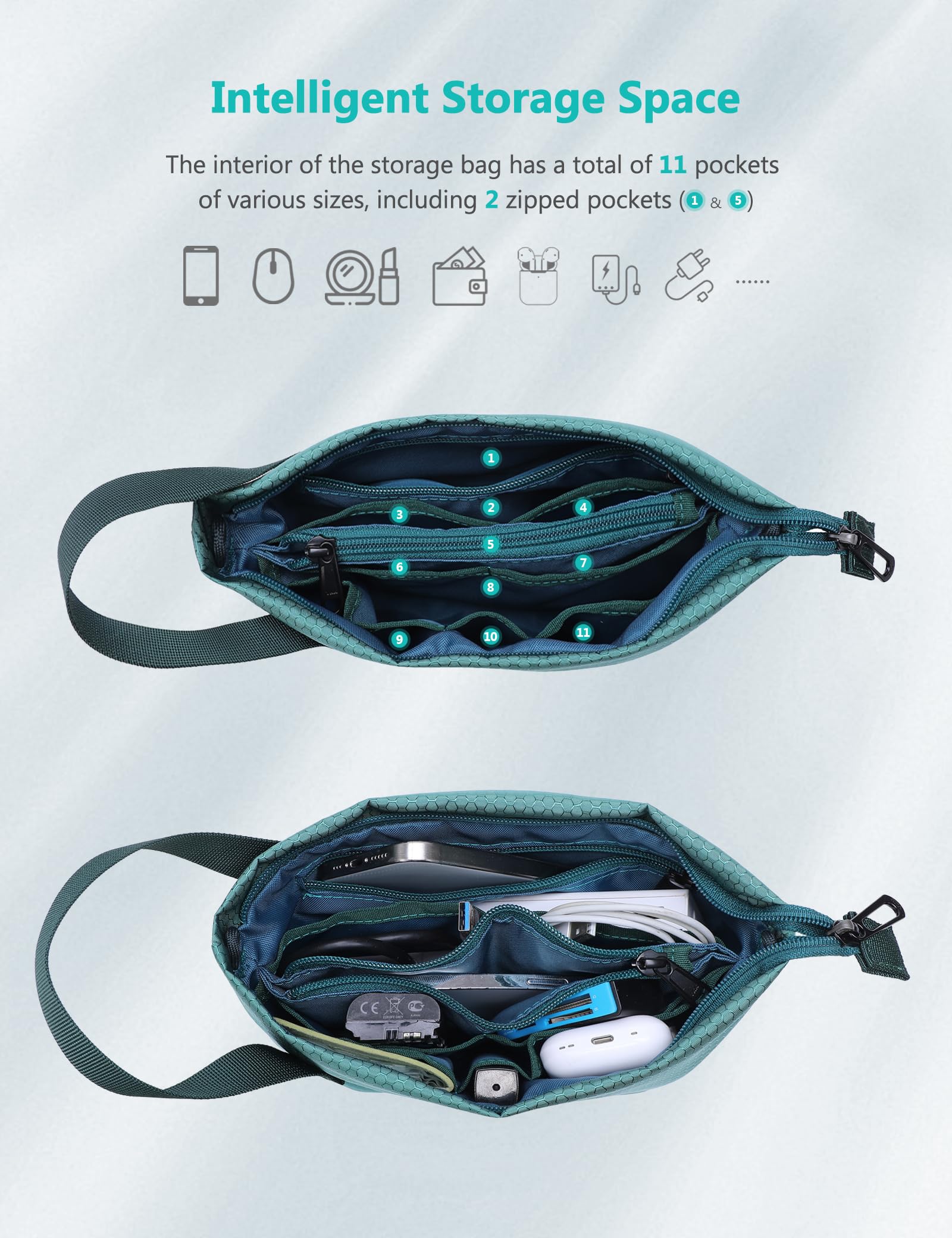 HYZUO Borse Organizer Cavi Viaggio Resistente All'acqua Portatile Porta Cavi, Tech Elettronica Accessori Gadget Borsa con Manico, Custodia Organizzatore per Caricatore, Cavo USB, Carte, Verde scuro
