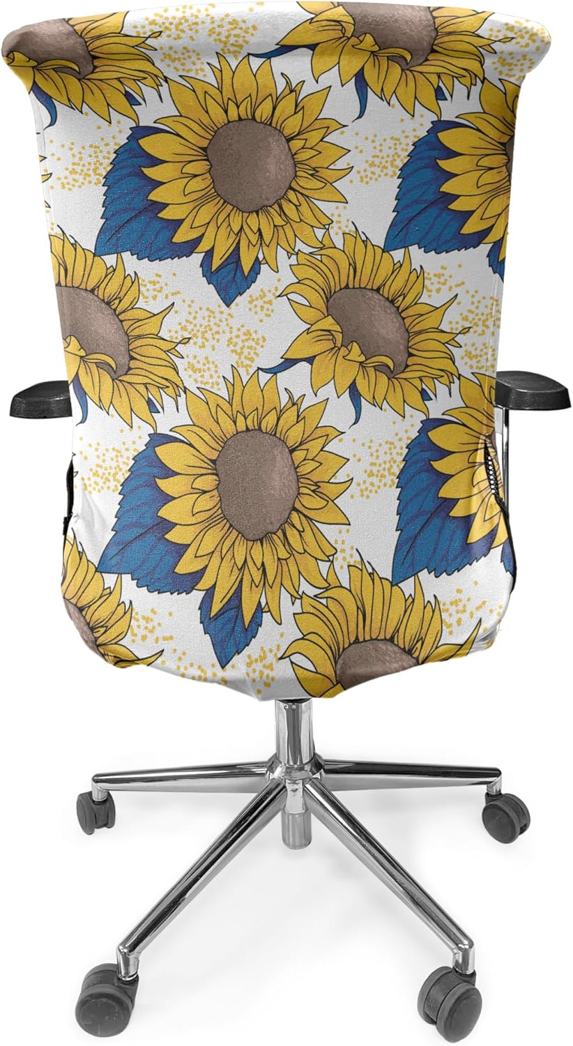 Ambesonne Sunflower Office Chair Cover, Graphic Harvest Themed Illustration Cartoon Design, Stretchable Decorative Universal Size High Back Printed Slipcover, Yellow Blue