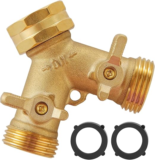 Garden Hose Splitter 2 Way Heavy Duty, Outdoor Faucet Splitter 2 Way, Solid Brass Spigot Splitter Hose Y Splitter with Shutoff Valve