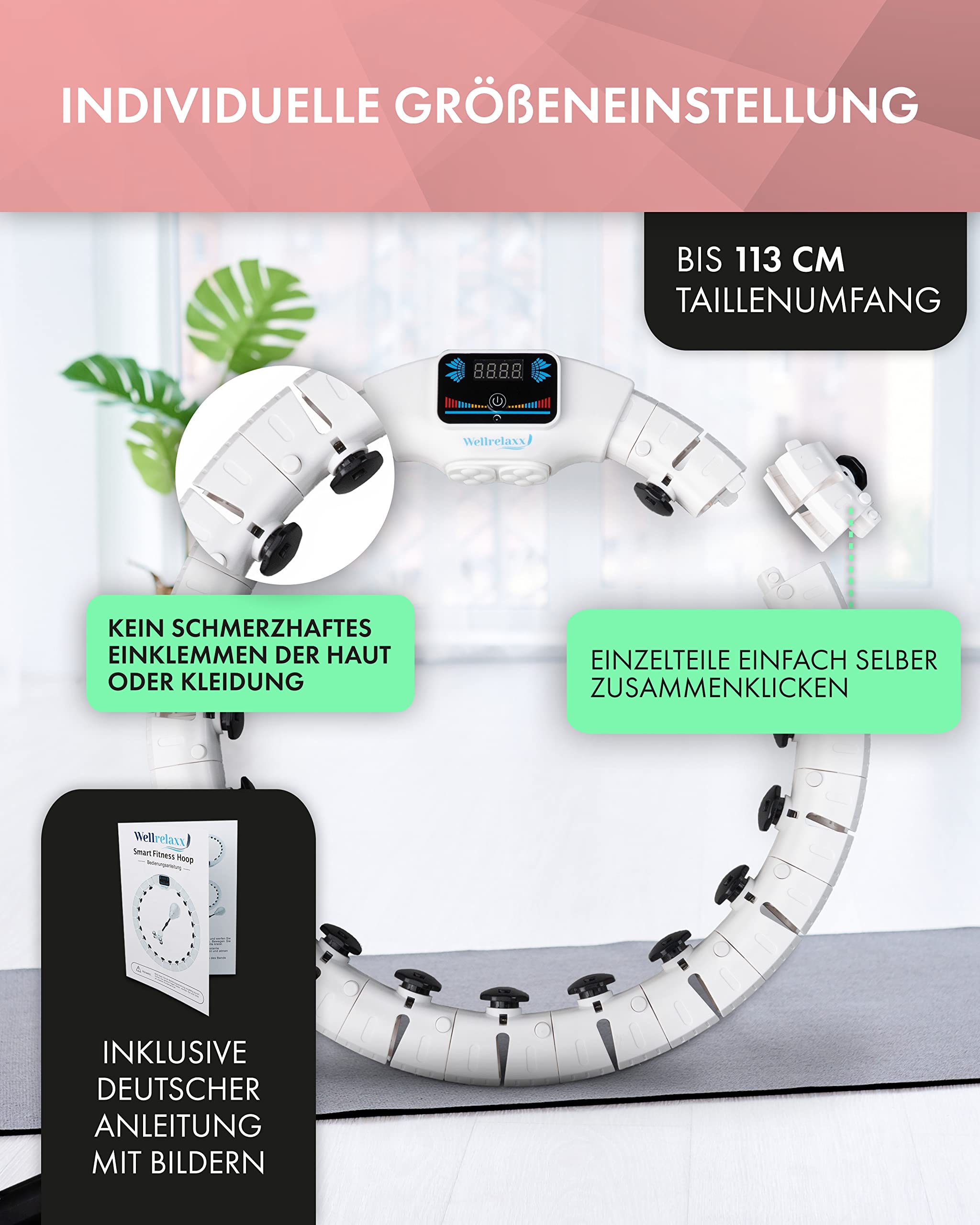 Wellrelaxx Smart Hula Hoop inklusive elektr. Massagefunktion und Zähler | Hula Hoop mit Gewicht Kugel | Hullahub Reifen zum Abnehmen | bis 113cm Umfang