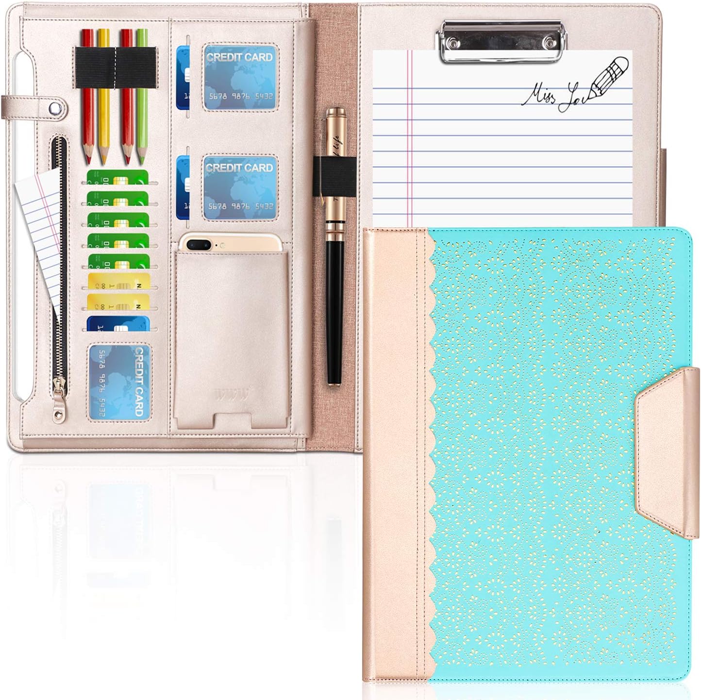 WWW Portfolio Case/Portfolio Folder, Interview/Legal Document Organizer with Business Card Holders, Letter-Sized Clipboard and Document Sleeve for Office and Interview Mint Green