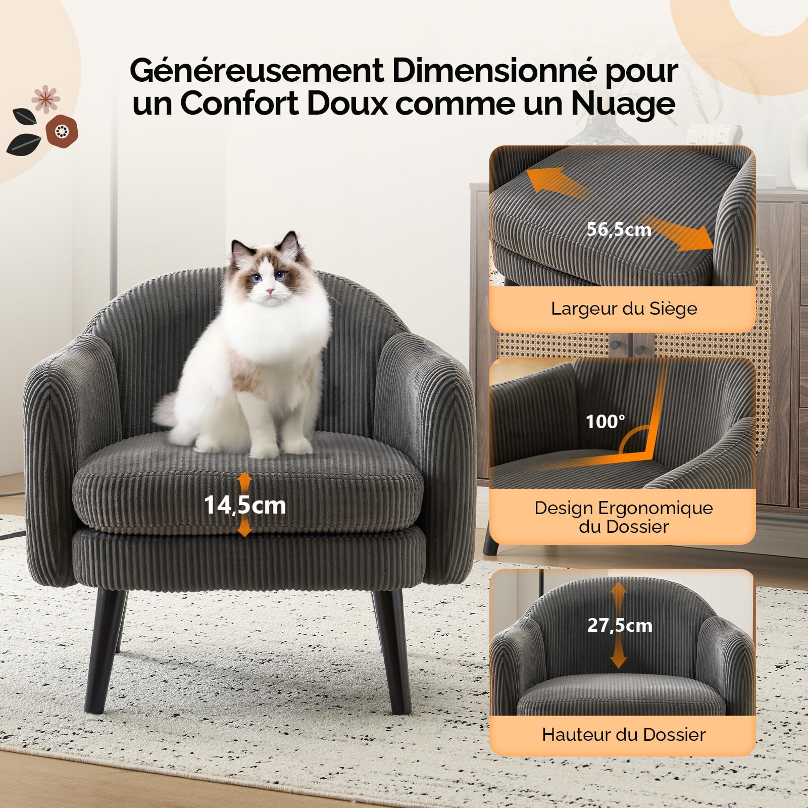 Bonnlo Fauteuil de Salon Moderne avec Accoudoirs, Canapé 1 Place avec Pieds en Bois Massif, Chaise de Bureau Rembourrée et de Forme Ronde, pour Salon, Chambre, Salle, Velours Côtelé, Gris Foncé