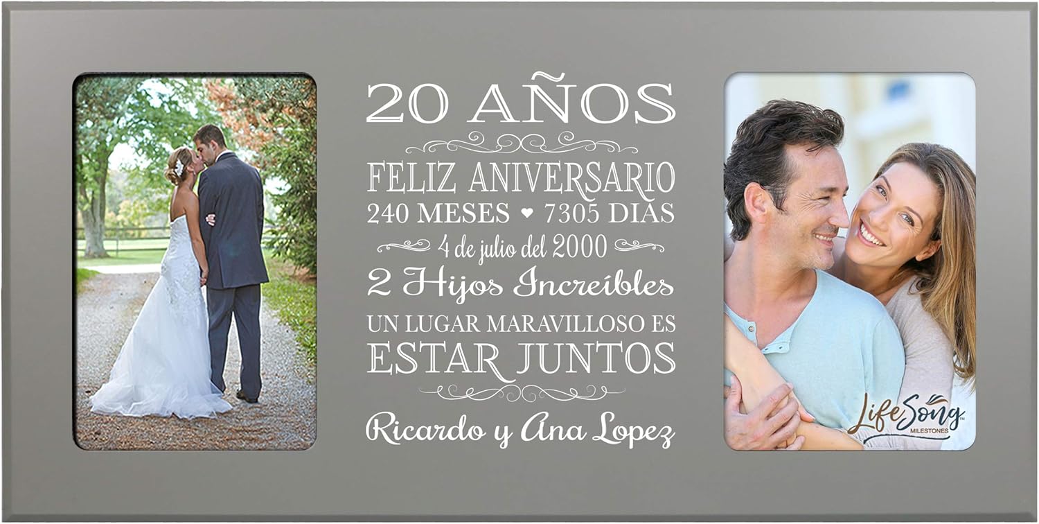 LifeSong Milestones Personalized 20th Anniversary Picture Frame Marriage Keepsake Gift with Spanish Verse - Twenty Years Wedding Gift for Parents Husband Wife Him Her Holds 2-4x6 Photo (Black)