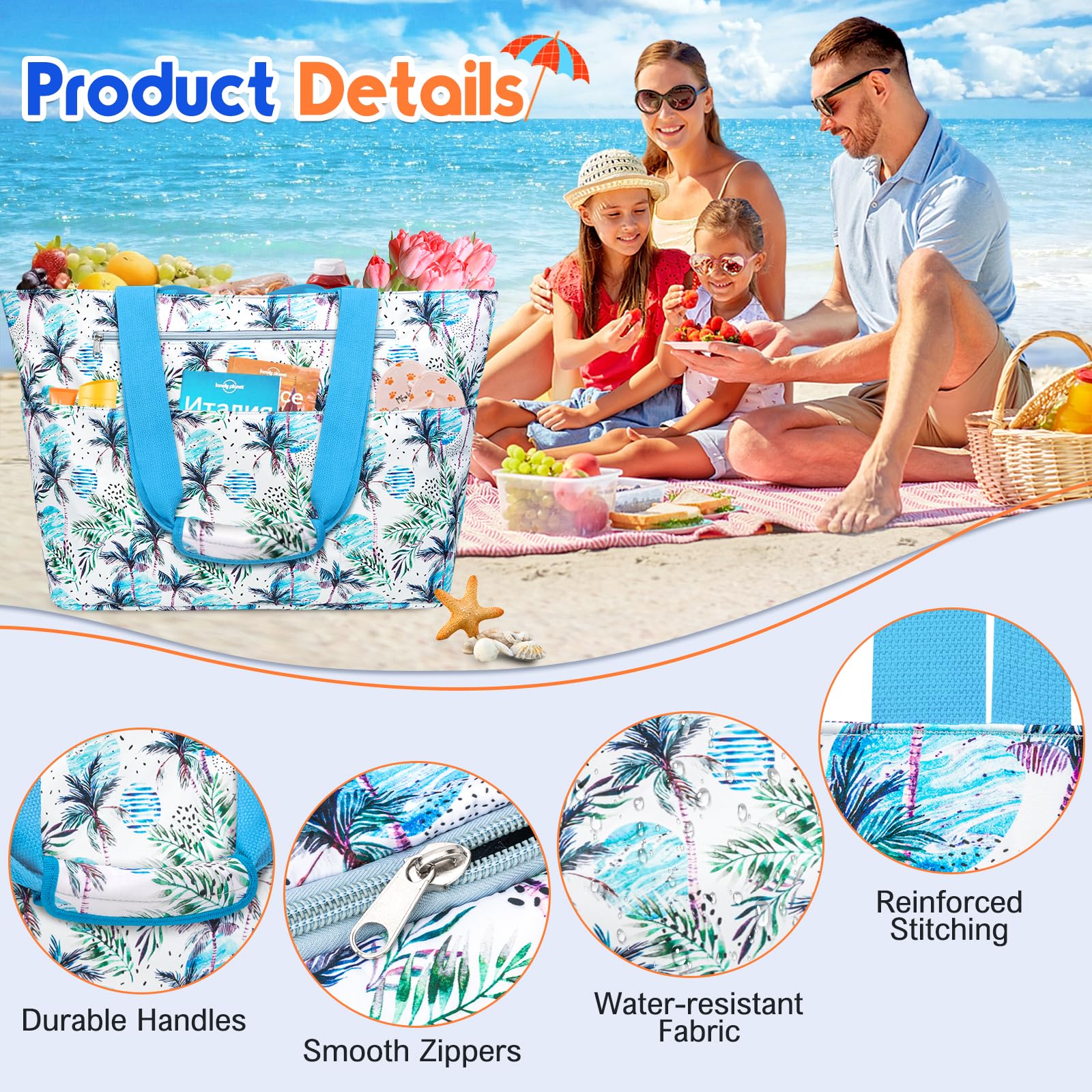 Grande Sac de Plage XXL Famille 50L Imperméable Sac de Voyage Femme avec Fermeture Éclair Pliable Sacs Cabas de Plage avec 14 Poches Beach Tote Bag Sacs a Main pour Gym Shopping