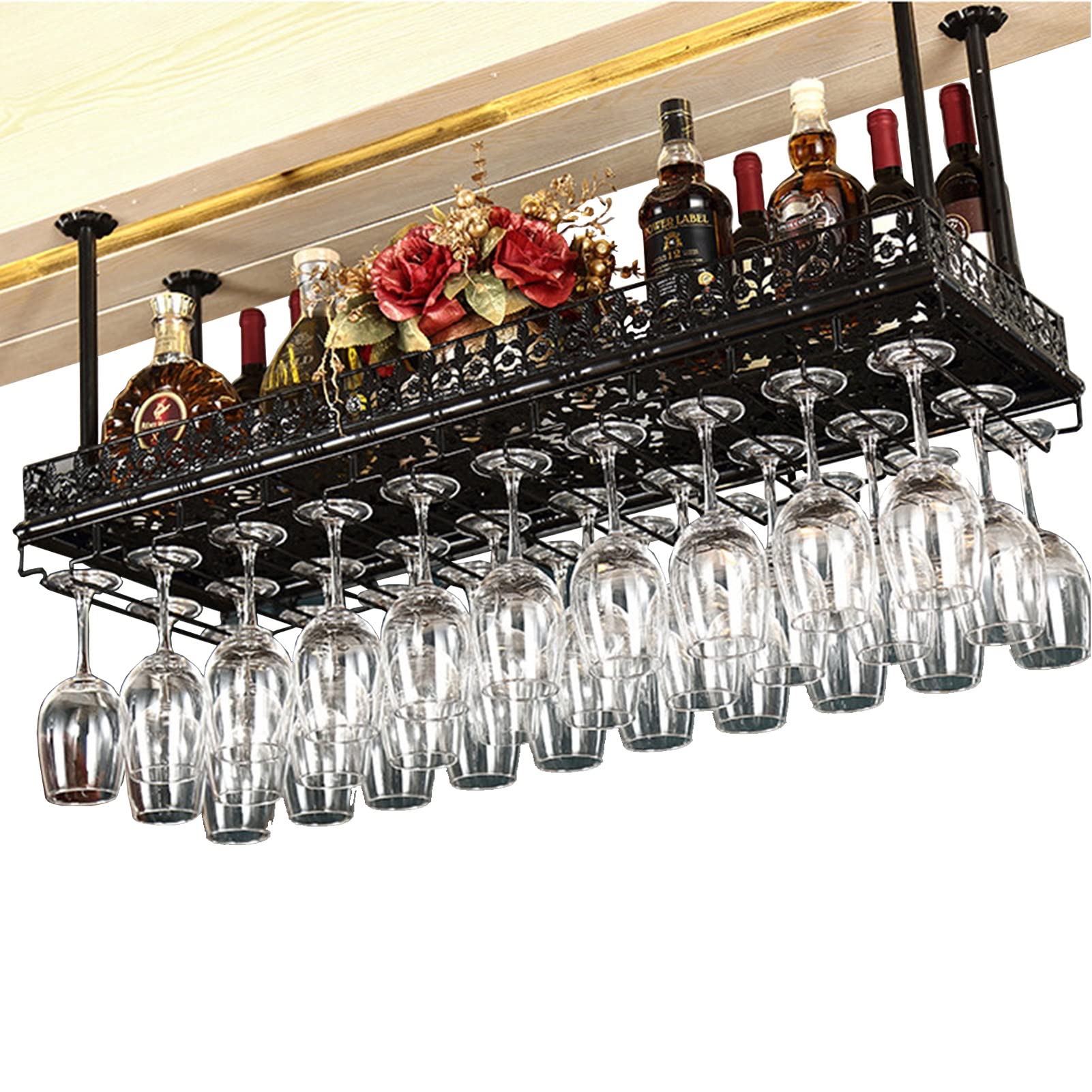 Casier à vin au plafond et porte-bouteille en métal noir pour cuisine