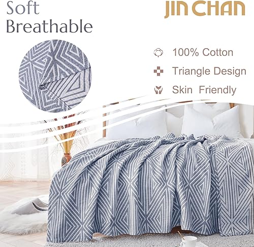 Miniatura 2 de jinchan Manta bohemia de 100% algodón de muselina ligera, tamaño individual, manta acolchada para sofá, suave y acogedora para todas las estaciones,