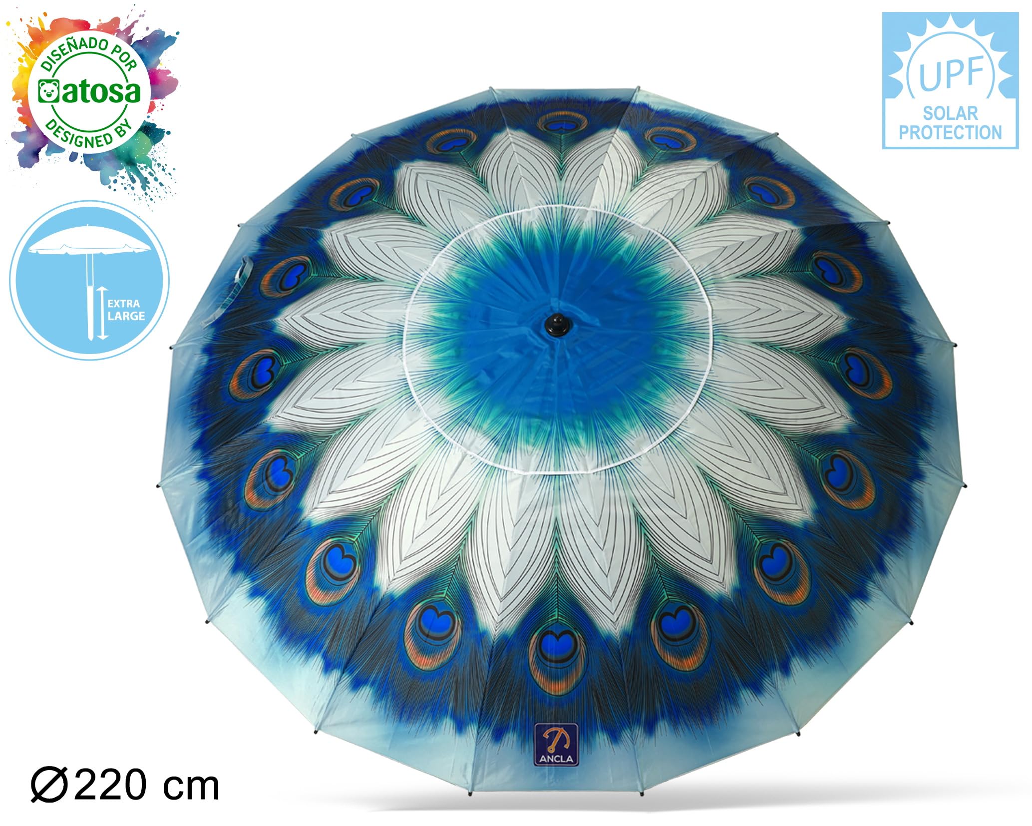 Atosa Sombrilla de Playa Ø desde 180 a 240 cm de Aluminio Modelo Pavo REal con Bolsa de Transporte y con Protección Solar UPF 50+ En Verde o Azul