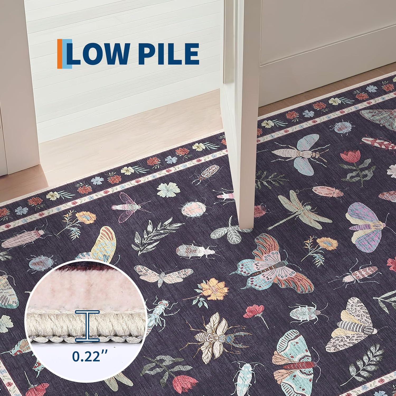 GAOMON Washable Rug 2x6 Runner Rug Modern Floral Kitchen Rugs Non Slip Rugs for Entryway Bedside Carpet Floral Stain Resistant Carpet Low Pile Floor Cover for Bathroom Laundry Room，Black
