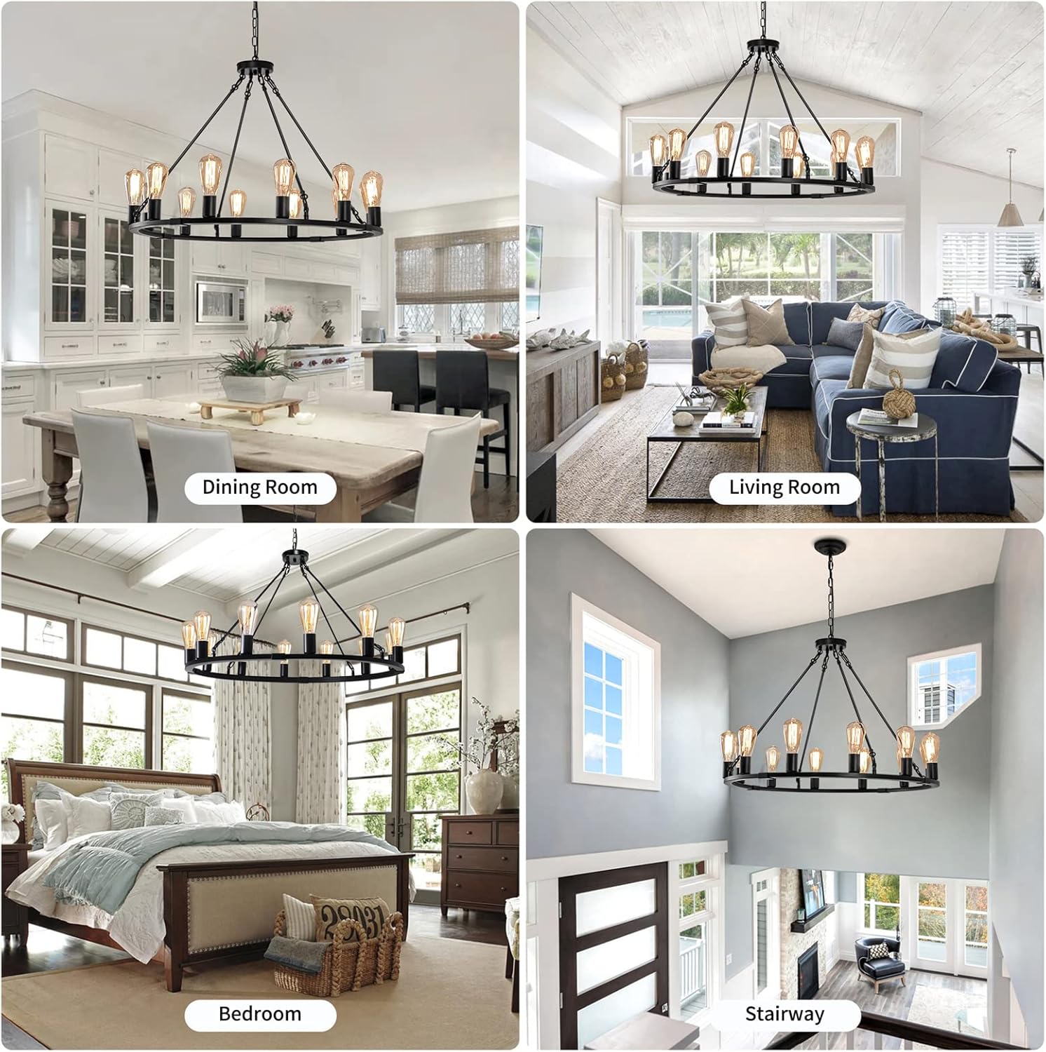 12-Light Black Wagon Wheel Chandelier, 35.4" Large Farmhouse Pendant Lighting, Dimmable Rustic Round Light Fixture for Dining Room, High Ceiling Entryway Foyer, Kitchen Island, Living Room, Porch