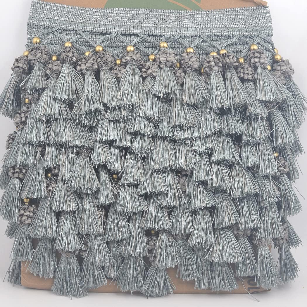 Fringe Tassel Lace Trim 12.5 Yards Braided Hanging Beads Handwork DIY Craft Sewing Accessory Lace for Home Curtain Table Decoration (Light Blue)