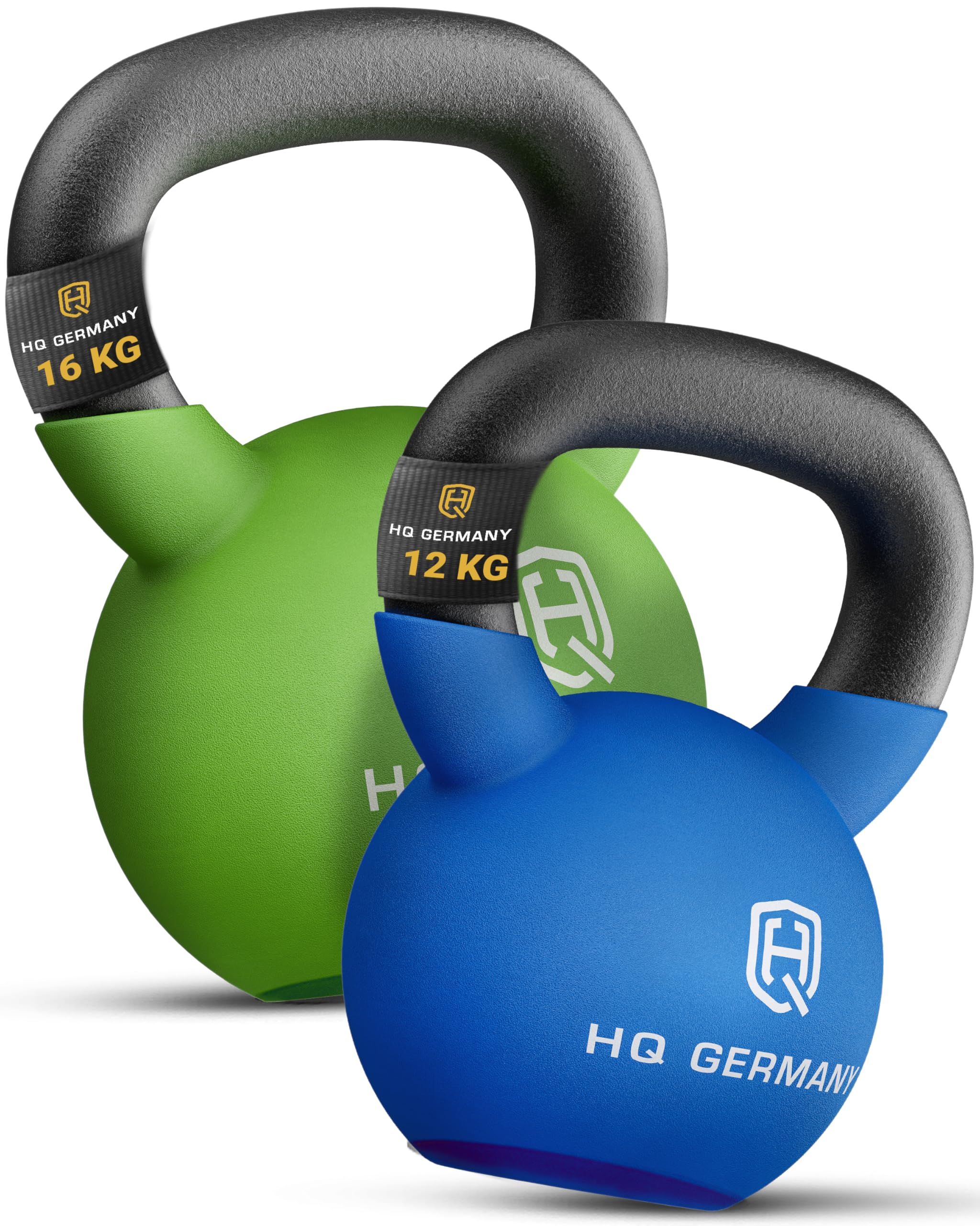 HQ Germany® Kettlebell Neopren [Bodenschutz] - Kugelhantel 2-32kg | Einteiliger Gusskern, pulverbeschichteter Griff, ±2% kalibriert, ergonomisch je Gewicht, Neoprenschicht